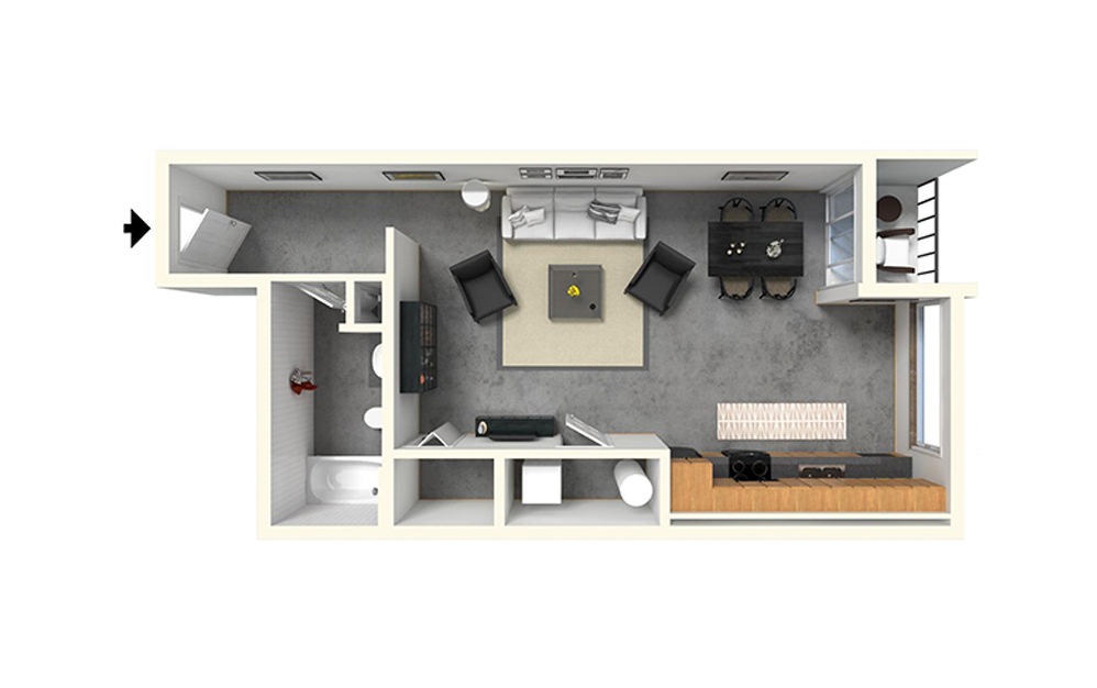 Floor plan for studio, 1 bath, 649 sqft
